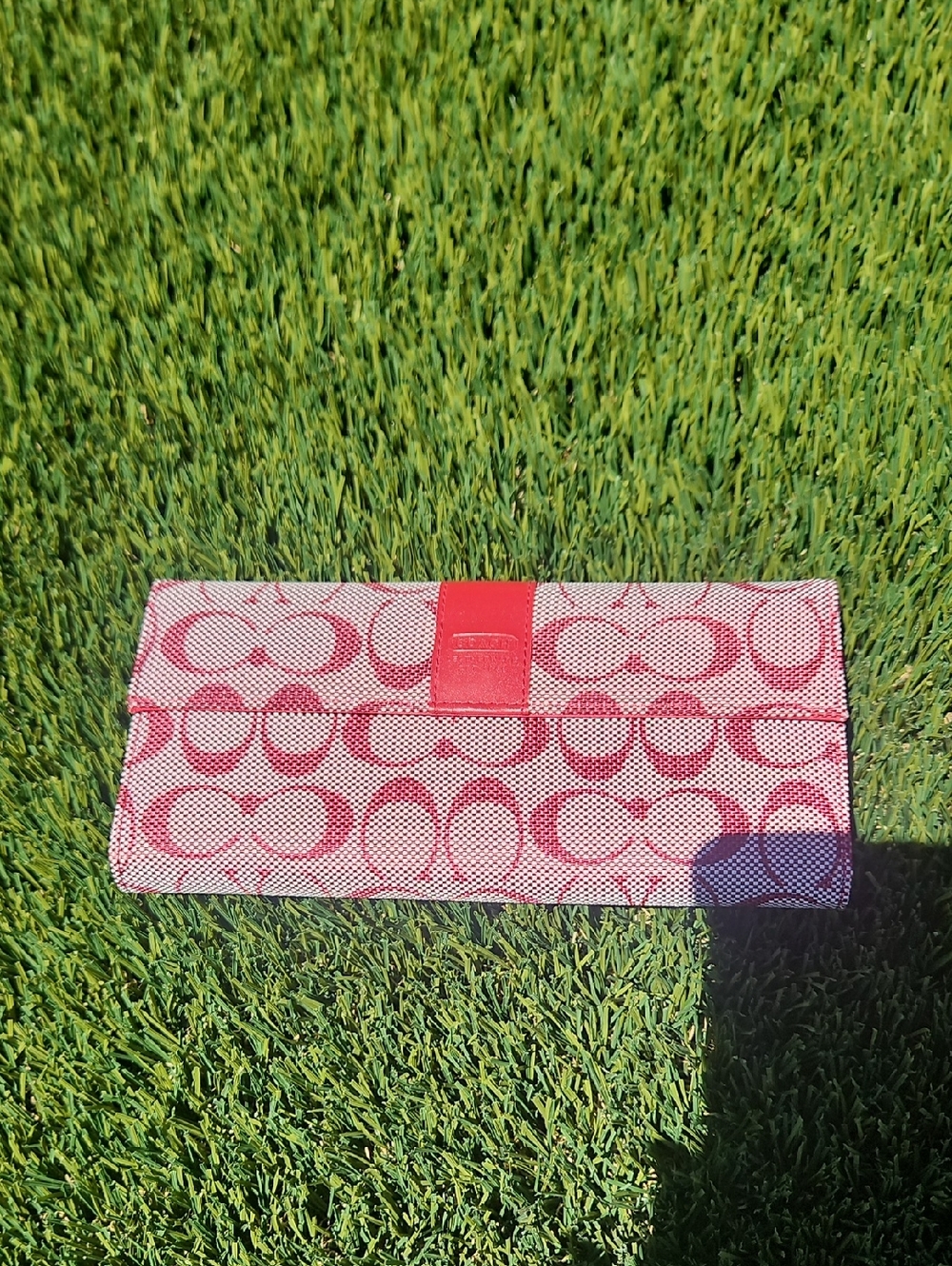 Coach Signature Canvas Continental Wallet in Red and Cream